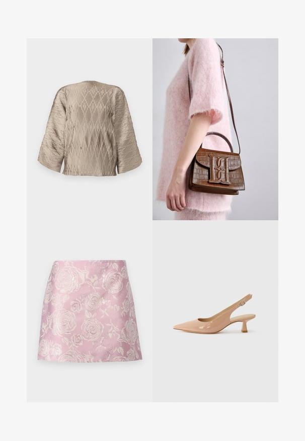 Beige plisovaná blůza s boxovitým střihem, širokými rukávy a texturovaným vzorem žebrování po celém povrchu. Hladký materiál s leskem.; iBlues CAIRO - Minisukně - rosa; Patentované sandály na podpatku v jemně růžové barvě, s špičatou špičkou, nízkým blokovým podpatkem a nastavitelným páskem s kruhovou sponou.; Hnědá kabelka s embossovaným vzorem krokodýla, s horní rukojetí a nastavitelným ramenním popruhem. Na předním klopě se nachází výrazné logo. Měkká textura.