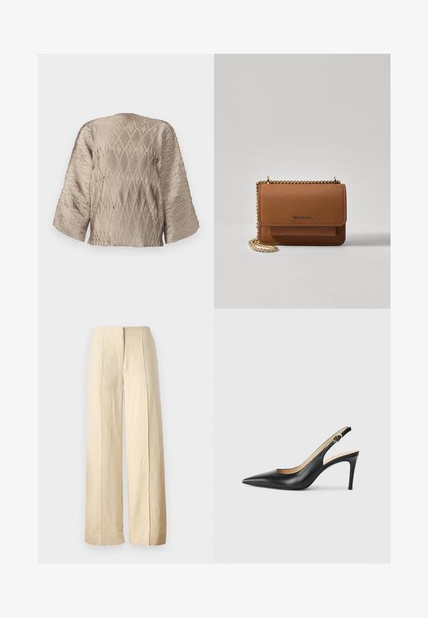 Bežinė klostuota palaidinė su dėžute primenančia siluetu, plačiomis rankovėmis ir tekstūruotu raukšlėtu raštu visame kūne. Lygus audinys su blizgesiu.; Plati kojinės kelnės iš šviesaus smėlio spalvos audinio, su lygiu paviršiumi ir priekinėmis papildomomis raukšlėmis, su pritaikytu juosmeniu ir be matomų detalių.; Juodos odinės slingback aukštakulnės bateliai su smailiu nosiu, reguliuojama juosta ir elegantišku stiletto kulnu, pasižymintys lygia apdaila.; Ruda tekstūruota odinė per petį nešama rankinė su auksiniu grandininiu dirželiu ir užlenkiamo užsegimo. Priekinėje pusėje yra logotipo detalė ir kišenė po užlenkimu.