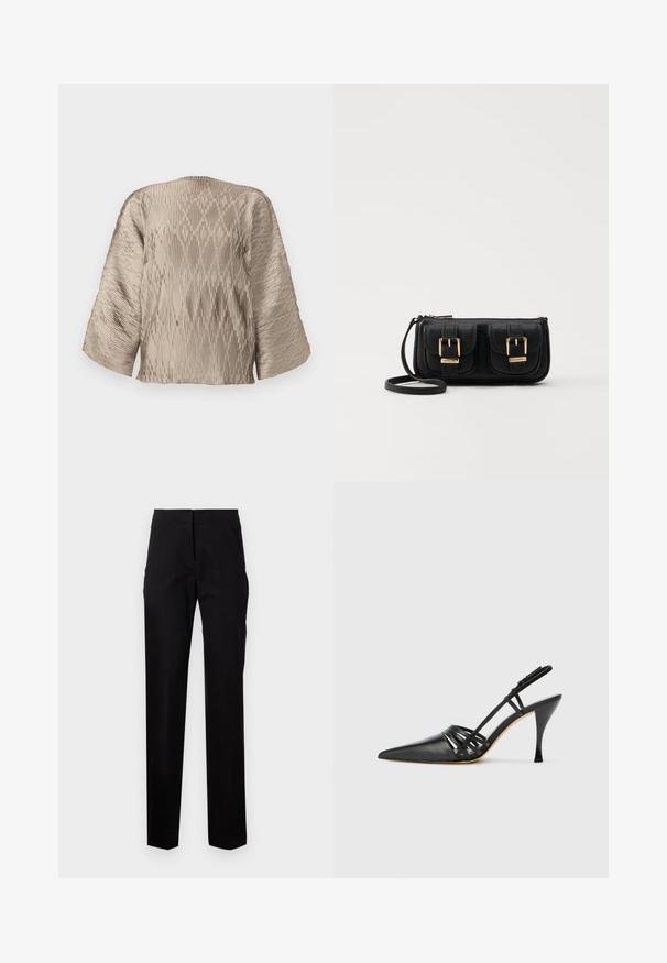 Beige plīšu blūze ar kastveida siluetu, platām piedurknēm un teksturētu ribu rakstu visā. Gluda auduma ar spīdumu.; Melni pielāgoti bikses ar taisnu kāju dizainu, ar plakanu priekšpusi, jostas cilpām un sānu kabatām. Gluda auduma ar minimālām šuvju detaļām.; Melna ādas augstpapēžu sandalē ar norādītu pirkstu, krustenisku siksnu dizainu un tievu stiletto papēdi. Gluda tekstūra un minimāli akcenti.; Melnas ādas crossbody soma ar divām priekšējām kabatām, zelta sprādzēm, ar rāvējslēdzēju aizdari un šauru siksnu. Strukturēta virsma un kompakta taisnstūra forma.