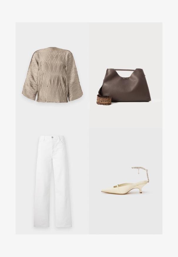 Beige plīšu blūze ar kastveida siluetu, platām piedurknēm un teksturētu ribu rakstu visā. Gluda auduma ar spīdumu.; Baltās platās kājas džinsi, izgatavoti no kokvilnas denima. Ievērojama poga un rāvējslēdzējs, klasiskas priekšējās kabatas un vienkāršs, bez rotājumiem dizains.; Krēma nokārtojošā papēža kurpe ar smailo purngalu, plānu priekšējo siksnu un rotājošo potītes siksniņu uz baltā fona.; Brūna ādas rokassoma ar strukturētu apdari, leņķīgu dizainu un izteiksmīgu augšējo rokturi. Iespējamā rakstaina austā siksna.