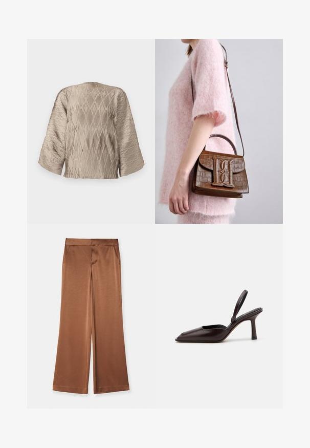 Blusa plisada beige con una silueta cuadrada, mangas anchas y un patrón de canalé texturizado en toda su superficie. Tejido suave con brillo.; Pantalones de pierna ancha marrones de satén, con bolsillos laterales, una textura suave y una cinturilla ajustada para un ajuste estructurado.; Zapatos de charol marrón con tacón alto y delgado, y punta afilada. Presentan un diseño elegante y una textura de superficie suave.; Bolso de mano marrón con estampado de cocodrilo, que incluye un asa superior y una correa para el hombro. Presenta un logo prominente en la solapa frontal. Textura suave.
