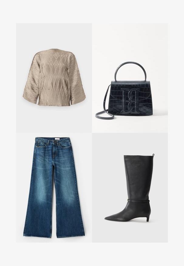 Bež bluzica s plisiranim dizajnom, kutastim siluetom, širokim rukavima i teksturiranim rebrastim uzorkom kroz cijeli materijal. Glatka tkanina s sjajem.; Tiger of Sweden KINNE - Široke hlačnice - medium blue; Črne usnjene visokokakovostne škornje do kolen s koničastim nosom, okrašene s krožno zanko okoli gležnja in nizko, oblikovano peto. Gladka tekstura.; Črna ročno vsebovana torbica iz usnja z reliéfom krokodila, z oblikovanim dizajnom, zgornjo ročajem, prilagodljivo zanko in izstopajočim logotipom spredaj.