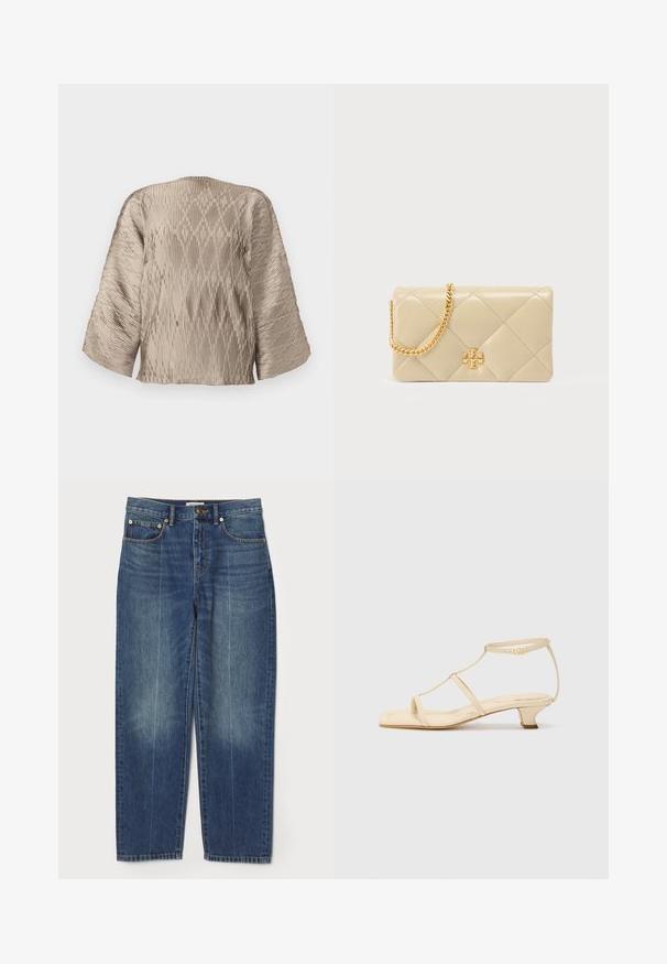 Bluză bej plisată cu o siluetă cutie, mâneci late și un model texturat de nervuri pe întreaga suprafață. Țesătură netedă cu luciu.; Jeans albastre cu talie înaltă, drept, cu buzunare frontale și dorsale, bucle pentru curea, închidere cu nasture și detalii subtile de decolorare pe picioare.; Sandale bej cu toc, cu un design T-strap, vârf pătrat, curea ajustabilă la gleznă și un toc mic, tip bloc. Material din piele netedă.; Geantă de mână din piele bej matlasată, cu o curea din lanț auriu și un logo decorativ pe partea din față. Textură netedă cu cusături în model de diamant.