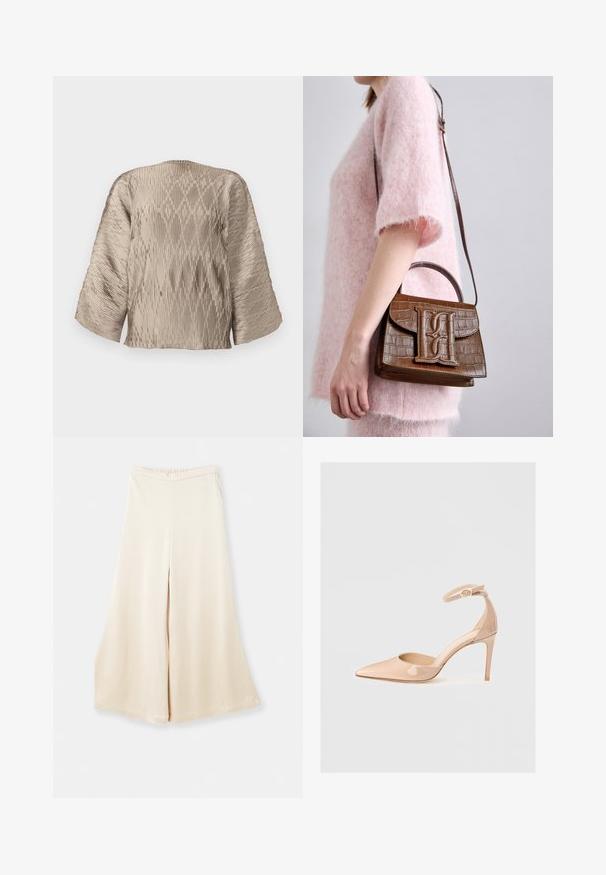 Beige plīšu blūze ar kastveida siluetu, platām piedurknēm un teksturētu ribu rakstu visā. Gluda auduma ar spīdumu.; Bežīgas wide-leg bikses, izgatavotas no gludas auduma ar augstu jostasvietu un mīkstu dārpu. Piedāvā brīvu piegulšanu un tīras, vienkāršas līnijas.; Nude patentēta ādas kurpe ar noraksta siksnu un stiletto papēdi, ar gludu virsmu un minimālistisku dizainu.; Brauns krokodila raksturs somiņa ar augšējo rokturi un plecu siksnu. Priekšējā klapā ir izcils logotips. Mīksta tekstūra.