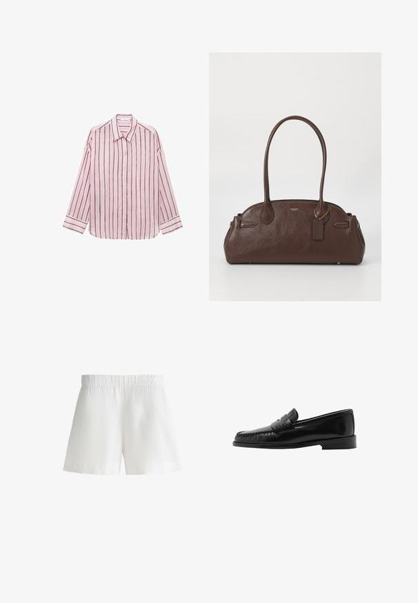 Camicia a maniche lunghe di un tenue rosa chiaro, con bottoni, strisce verticali nere, colletto classico e maniche con polsini. Tessuto morbido con una trama liscia.; Pantaloni corti bianchi in tessuto leggero, con una fascia elastica in vita e una vestibilità rilassata. Texture liscia senza ulteriori motivi o dettagli.; Mocassino in pelle nera con silhouette curva, fascetta decorativa, cuciture texture e suola in gomma piatta. Finitura liscia e design elegante.; Borsa a mano in pelle marrone con texture liscia, forma arrotondata e doppi manici. Presenta un logo dorato e un piccolo etichetta attaccata.