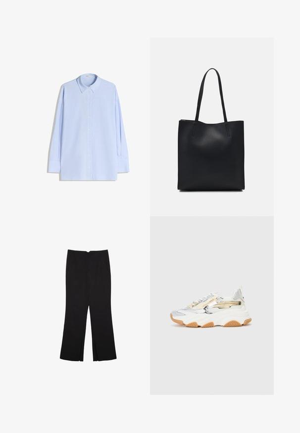 Camicia azzurro chiaro a maniche lunghe con bottoni, realizzata in cotone, dotata di colletto classico, chiusura frontale con bottoni e una vestibilità rilassata.; Pantaloni neri a gamba dritta, con tasche frontali e spacchi laterali all'orlo. Realizzati in tessuto morbido e liscio. Adatti a diverse occasioni.; Sneakers chunky in mesh argento e bianco, con suola in gomma testurizzata, zip decorative e suola in gomma naturale.; Borsa tote in pelle nera con texture liscia, forma rettangolare e due manici lunghi. Nessun hardware o decorazione visibile.