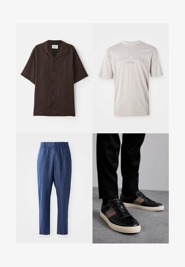 Tumši brūns audums īsām piedurknēm, ar pogām un plakanu apkakli. Iezīmējas brīvā griezumā un vieglu tekstūru. Nav redzamu rakstu vai akcentiem.; Gaišs beidzies īsām piedurknēm t-krekls no mīksta auduma, uz kura ir izšūts "Emporio Armani Milano" logo nedaudz tumšākā tonī.; Jūras zilas linīgas bikses ar brīvu piegriezumu, elastīgu jostu un konusveida kājām. Raksturīga gluda tekstūra un minimāla šuvju apdare.; Melni ādas sporta apavi ar daudzkrāsainām svītrām, apaļa purngala forma, balti gumijas zole, ar aukliņu aizdari un ieplestu logo.