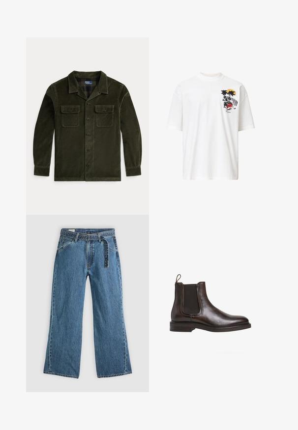 Tume roheline korduroyst suvekott, pikkade varrukatega, kahe rinna taskuga ja nööbiga sulgemisega. Omab klassikalist kraed ja horisontaalset ribatekstuuri.; Valge puuvillane T-särk, millel on graafiline trükk koljust palmipuude ja päikesega. Lühikesed varrukad ja mugav lõige.; Sinine denimist laienevate jalgadega teksad, millel on kinnitatud vöö, ees taskud ja nähtav õmblemine helesinise tausta peal.; Pruunist nahast Chelsea saapad elastsete külgpaneelide, aasaga tõmbejupi ja madala virnastatud kontsaga. Sile tekstuur ja elegantne siluett.