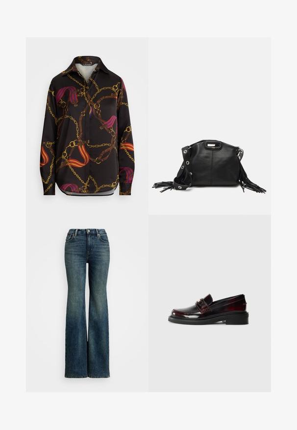 Juodas ilgomis rankovėmis marškinys, puikuojantis auksinėmis, raudonomis ir mėlynomis grandinėmis bei diržais. Turi klasikinį apykaklę ir išlenktą apačią.; Išblukę mėlyni plačios kojų džinsai, pagaminti iš džinsinio audinio. Aukštu juosmeniu, klasikinis 5 kišenių stilius ir matomi siuvimo elementai.; Odinių loaferių tamsiai burgundinės spalvos, blizgiu paviršiumi. Savybės: siuvinėtas viršus, priekinis dirželis ir plokščias guminis padas.; Maje MISS MINI - Rankinė per petį - noir