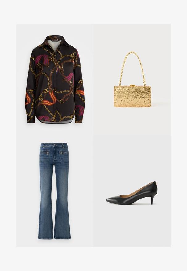 Svart langermet skjorte med et mønster av kjede og stropper i gull, rød og blå. Den har klassisk krage og en buet hem.; Blei blå denimbukser med utsvingt ben og middels høy midje, med front- og baklommer og en subtil falmet vask.; Sorte lærpumpe med spiss tå, lav hæl og en glatt tekstur. Har en liten åpning foran og minimalt med beslag bak.; Gullfarget paljetter clutch med rektangulær form, utstyrt med en tvunnet kjedehåndtak og en metallspenne, som reflekterer lys med en teksturert overflate.