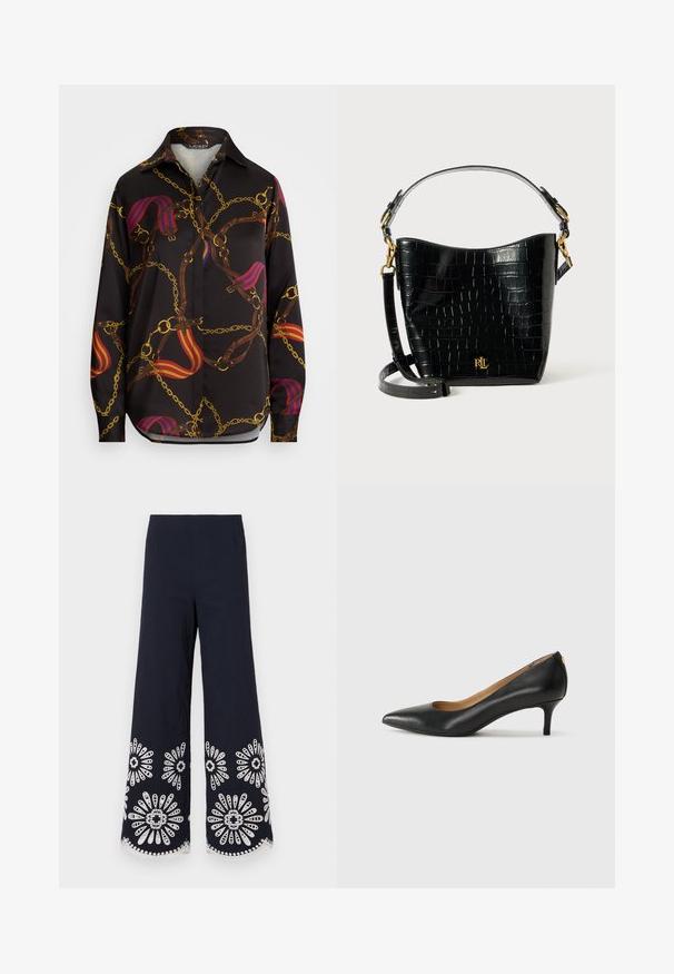 Cămașă neagră cu mâneci lungi, având un model cu lanțuri și curele în aur, roșu și albastru. Dispune de un guler clasic și un tiv curbat.; Maje PUBA - Pantaloni - marine; Pantofii din piele neagră au vârful ascuțit, toc mic și o textură netedă. Au o deschidere ușoară în față și un hardware minim în spate.; Geantă din piele cu embossare croc neagră, cu o formă curbată, accente din metal aurit, curea ajustabilă și un detaliu cu logo în față.