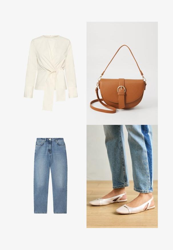 Blusa blanca de manga larga con diseño de nudo frontal y acento atado, hecha de tela suave, con cuello redondo y cierre de botones.; Pantalones de mezclilla de color azul claro con diseño de pierna recta, cinco bolsillos y cierre frontal con botón y cremallera. Textura suave, estilo casual.; Bailarinas de color rosa pálido con tiras traseras y punta puntiaguda, fabricadas con un material similar al cuero suave. Presentan detalles recortados en los laterales y un tacón plano.; Bolso bandolera de cuero marrón con forma curvada, herrajes dorados y un acento de hebilla. Incluye una correa de hombro desmontable.