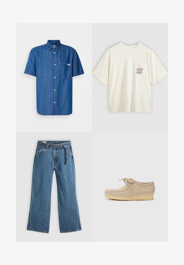Tamsiai mėlynas džinsinis marškinėliai trumpomis rankovėmis, su mygtukų užsegimu, priekinėmis kišenėmis ir subtiliais siuvinėjimo akcentais.; Kremiškai balti medvilniniai marškinėliai trumpomis rankovėmis, su kairės krūtinės kišene ir bordo spalvos grafiniu tekstu bei dizainu. Laisvo kirpimo, su apvalia apykakle.; Mėlyni džinsiniai plačių kojų džinsai su prijungtu diržu, priekinėmis kišenėmis ir matomomis siūlėmis ant vientiso šviesaus fono.; Šviesiai rudos aksominės bateliai su apvaliu nosiu, dekoratyviais surištais raišteliais ir šviesiai ruda gumine krepa padu. Subtilus logotipo detalė šone.