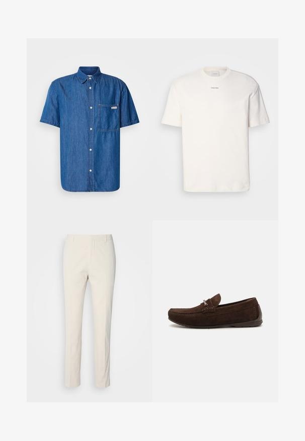 Cămașă din denim cu mânecă scurtă, de culoare albastru închis, având un guler cu nasturi, un buzunar frontal și detalii de cusătură subtile.; Tricou alb din bumbac, cu guler rotund, mâneci scurte și logo-ul brodat "Calvin Klein" la mijlocul pieptului. Design simplu.; Pantaloni ajustați de culoare crem, dintr-un material texturat. Caracteristicile includ un design cu picior drept, bucle pentru curea și două buzunare frontale. Fără modele.; Mocasini din suede maro cu un design cusut, textură subtilă, vârf rotunjit și detalii din metal argintiu. Talpă joasă din cauciuc pentru confort.