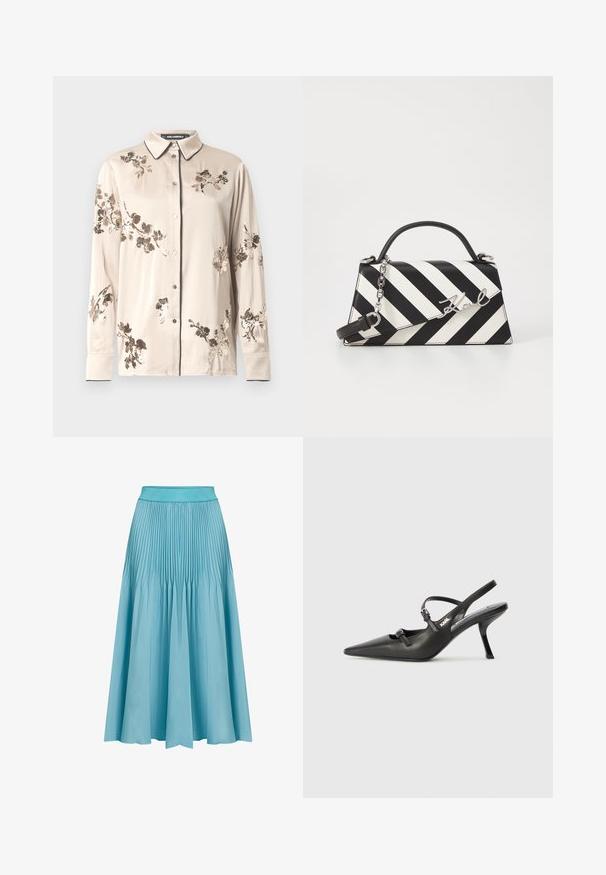 Beige langermet skjorte med knapper, med svart piping på krage og mansjetter, pyntet med brune og gull blomster-sekvenser.; Pliema midi skjørt i lys blå. Har en bred midje, flytende form og vertikale folder som tilfører tekstur og bevegelse.; Sorte skinn slingback-hæler med spiss tå, slank hæl og dekorativ spenne detalj på vampsiden. Glatt tekstur og stilrent design.; Svart- og hvitstripet håndveske med en strukturert form, som har et topphåndtak, en avtakbar kjedestropp, og metallisk logo-akcent.