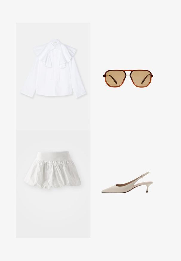 Biała bawełniana koszula z dużym, falbaniastym kołnierzem i długimi rękawami, z zapięciem na guziki z przodu i prostym krojem.; Biała mini spódniczka wykonana z lekkiego materiału. Posiada marszczony, rozkloszowany krój z szerokim pasem. Gładka tekstura, brak widocznych wzorów.; Beżowe szpilki slingback z zakończeniem w szpic i niskim, rozkloszowanym obcasem. Wykonane z gładkiej skóry, o minimalistycznym wzornictwie i regulowanym pasku.; Brązowe ośmiokątne okulary przeciwsłoneczne z przezroczystą bursztynową oprawką i brązowymi soczewkami. Posiadają metalowy akcent na nosku oraz smukłe zauszniki.; Duża torba z ciemnego brązowego zamszu z dwoma mocnymi uchwytami, charakteryzująca się gładką fakturą i kieszenią na zamek błyskawiczny z przodu.