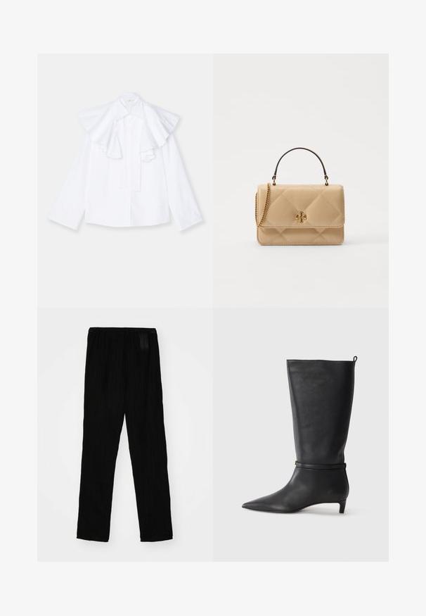 Weißes Baumwollhemd mit einem großen, Rüschenkragen und langen Ärmeln, ausgestattet mit einer durchgehenden Knopfleiste und einer geraden Silhouette.; Schwarze plissierte Hose aus leichtem Stoff, mit einem elastischen Bund und geradem Beinschnitt. Glatte Textur, ohne sichtbare Muster.; Schwarze Lederkniehohe Stiefel mit spitzem Zehen, akzentuiert durch einen runden Riemen um das Knöchel und einen niedrigen, tapernden Absatz. Glatte Textur.; Gepolsterte beige Lederhandtasche mit goldenen Beschlägen, Kettenriemen und einem oberen Griff. Verfügt über einen vorderen Klappdeckel und ein charakteristisches Logodetail.