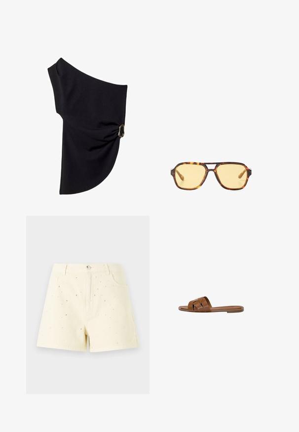 Asimetrična crna majica napravljena od glatkog materijala, sa nabranim dizajnom i zlatnim detaljem s jedne strane.; Žute traper kratke hlače visokog struka i opuštenog kroja, s malim srebrnim zakovicama raspoređenim po prednjem dijelu za dodatni detalj.; Smeđe kožne sandale na klizanje s ukriženim trakama, ravnim potplatom i glatkom površinom. Jednostavan dizajn bez ukrasa ili uzoraka.; Našminkane sunčane naočale od kornjačevine s geometrijskim dizajnom, žutim staklima i metalnim detaljima na drškama. Širok okvir i mat tekstura.; Smeđa suđena torbica s zlatnim kvadratnim kopčanjem, gornjom ručkom i lančanim remenom. Ima pravokutni oblik i zaobljene ivice.