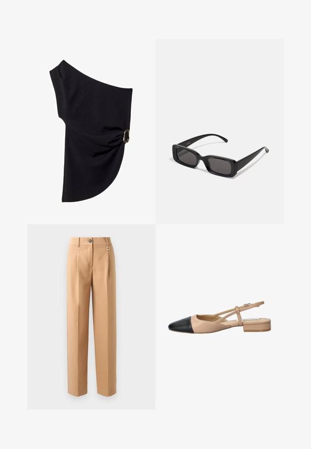 Asimetrična crna majica napravljena od glatkog materijala, sa nabranim dizajnom i zlatnim detaljem s jedne strane.; Bež hlače s krojem po mjeri, s kopčanjem na gumb, nabranim detaljima i suptilnim zlatnim akcentom na pojasu. Glatka tekstura, ravne nogavice.; Bež i crna dvobojna slingback cipela s oštrim vrhom, ravnim potplatom i detaljem u obliku križanja traka. Glatka kožna tekstura.; Crne pravokutne sunčane naočale s tamnim lećama, sjajnim završetkom, širokim drškama i masivnim okvirom. Ugraviran naziv branda na jednoj dršci.