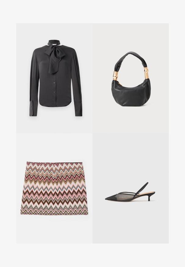 Musta paita sileästä kankaasta, jossa on nauhakuulokkeet, täyspitkät hihat, napitus edessä ja hihansuut.; Monivärinen viistoviivainen hame, jossa on suikulan muotoinen kuvio eri sävyissä vaaleanpunaista, ruskeaa ja kermaista. Hameessa on suora helma ja sileä rakenne.; NEOUS IRENA - Avokkaat - black; Musta nahkalaukku pyöreällä muodolla, pehmeällä pinnalla ja solmulla varustetulla kahvalla, jossa on kultasävyiset yksityiskohdat. Vetoketjusuljenta.
