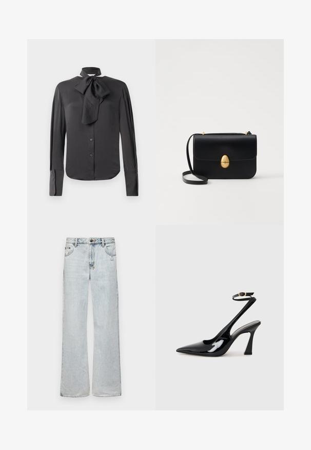 Musthave musta pluus siledast kangast, millel on lipsu krae, täispikkade varrukate, nööpidega ees ja mansetti detailid.; Heledad sinine lai jalgadega teksapüksid, mis on valmistatud denimist, klassikalise viie taskuga disainiga, nööbiga sulgemisega ja kergelt kulumisjälgedega.; Mustad läikivad patendiga slingback-kõrged kontsad, millel on terav põlv ja reguleeritav pahkluu rihm, ning mõõdukas plokknukk. Sile tekstuur läikiva viimistlusega.; Must kase nahast käekott, millel on struktureeritud ristkülikukujuline kuju. Omab kuldset ovaalset lukku ja õhukest õlavarre rihma. Sile tekstuur.