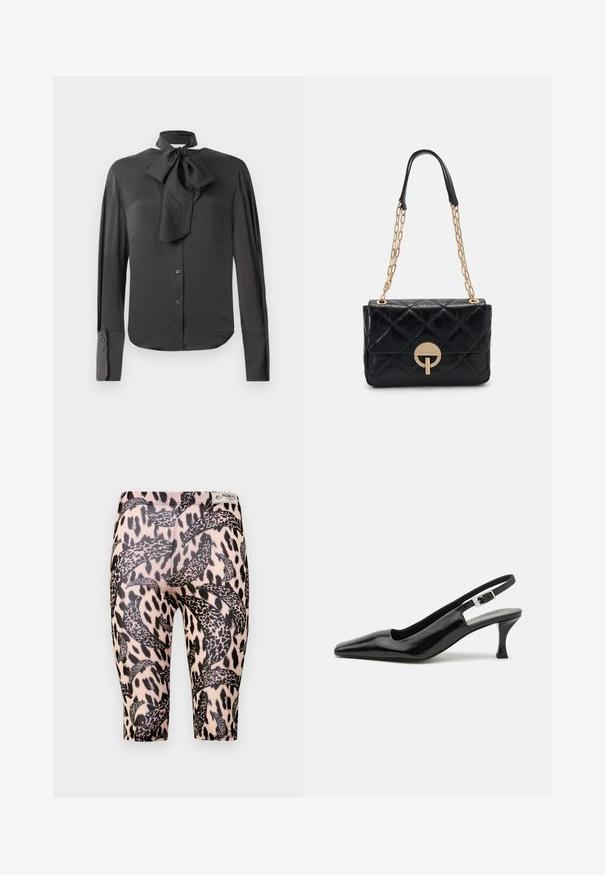 Melnā blūze gludā audumā ar loku apkakli, pilnām piedurknēm, pogu priekšpusi un aproču detaļām.; Melnas un bēšas legingi ar leopardu rakstu un izliektiem dizainiem. Izgatavoti no elastīga materiāla, kas paredzēts komfortam un piemērotībai.; Melnas lakotas siksnas augstpapēžu kurpes ar norādītu purngalu un sudraba sprādzi uz papēža, ar gludu, spīdīgu apdari.; Melnā kvadrātveida ādas rokassomiņa ar zelta ķēdes plecu siksnu, kurai ir apaļais aizdare. Kompakta taisnstūra forma ar gludu tekstūru.