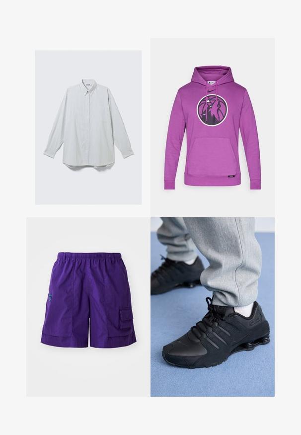 Biała koszula z długim rękawem, w cienkie pionowe szare paski, zapinana z przodu, z jedną kieszenią na piersi i sportowym kołnierzykiem.; Fioletowa bluza z kapturem wykonana z miękkiego materiału, z okrągłym logo w czarno-białym kolorze z motywem ptaka, przednia kieszeń kangurka oraz sznurek do regulacji kaptura.; Fioletowe szorty cargo z elastycznym pasem, bocznymi kieszeniami i kieszenią na klapę na lewej nodze. Wykonane z lekkiego materiału.; Osoba w czarnych sneakersach Nike Shox i szarych dresowych spodniach stoi na jasnoniebieskim dywanie.