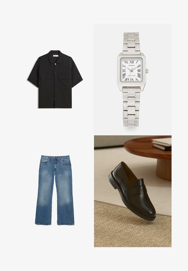 Črna kratkotrajna srajca iz tkanine z gladko teksturo, ima dve sprednji žepki, klasičen ovratnik in zapiranje na gumb.; Svijetloplavi traper široki traperice s izblijedjelim završetkom, pet džepova i zatvaračem. Šivani rubovi i klasičan kroj.; Črni usnjeni loafer z gladko površino, zaobljenim nosom in dekorativnim pasom čez zgornji del. Nizek gumijasti pet, umeščen na teksturirano površino.; Srebrna kovinska ročna ura s kvadratnim ohišjem, belim številčnikom, rimskimi številkami in srebrnim povezovalnim pasom. Ima zasnovo, odporne na vodo.