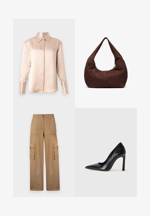 Satinblūze maigi bēšā krāsā ar klasisku apkakli, garām piedurknēm, pogu aizdari un nedaudz pārmērīgu piegriezumu. Gluda tekstūra, minimālas detaļas.; Khaķi krāsa cargo bikses ar platām kājām, kurām ir divas sānu kabatas, pogu aizdare un gluda, izturīga auduma tekstūra.; Melni augstpapēžu apavi ar norādītu purngalu, ar krokodila ādas tekstūru, izceļoties ar elegantu dizainu, augstu stiletto papēdi un gludu melnu interjeru.; Brūna zamšādas hobo soma ar izliekta, plaša rokturi un lielu atvērumu. Mīksta tekstūra ar redzamām šuvju detaļām gar malām.