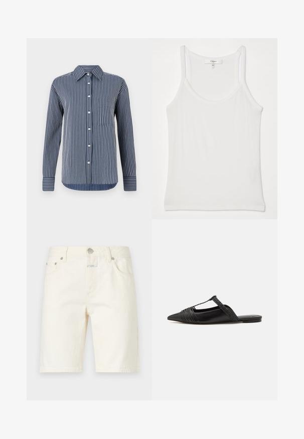 Cămașă cu nasturi în dungi navy și alb, cu mâneci lungi, o singură unghiere pe piept și un guler clasic, realizată dintr-un material ușor.; Top alb fără mâneci, fabricat dintr-un material moale, cu textură ribbed; are bretele subțiri și un decolteu rotund, eticheta spune "FRAME."; CLOSED JINNIE - Pantaloni scurți - white; Pantofii din piele neagră cu curea la spate au vârful ascuțit, prezentând un accent țesut și un design superior pliat. Talpa joasă cu hardware minim.
