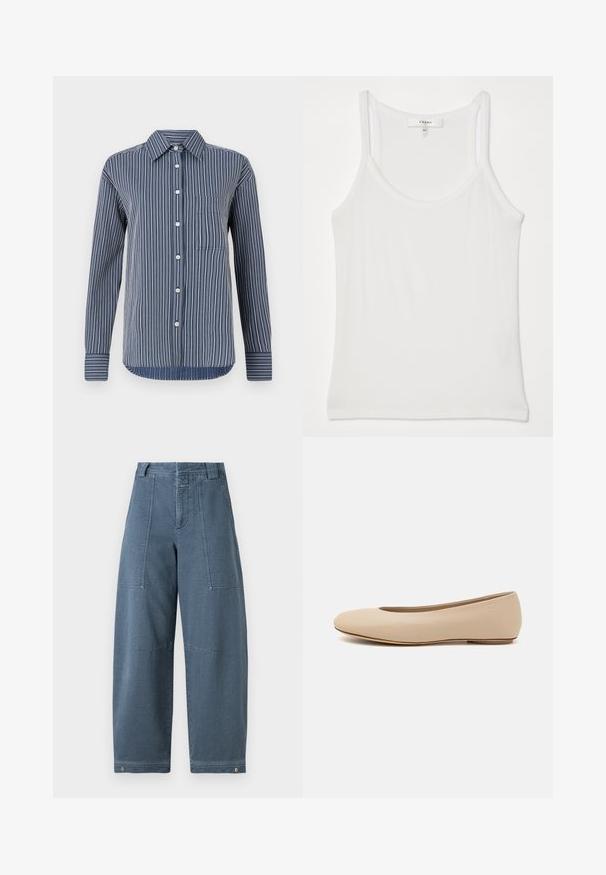 Cămașă cu nasturi în dungi navy și alb, cu mâneci lungi, o singură unghiere pe piept și un guler clasic, realizată dintr-un material ușor.; Top alb fără mâneci, fabricat dintr-un material moale, cu textură ribbed; are bretele subțiri și un decolteu rotund, eticheta spune "FRAME."; Pantaloni largi din denim de o nuanță albastră deschisă, cu o suprafață texturată, două buzunare frontale și cusături rezistente la tiv.; Balerini din piele bej, cu vârful rotund, detalii de cusătură minime, toc mic și un logo subtil pe partea din spate. Textură netedă, mată.
