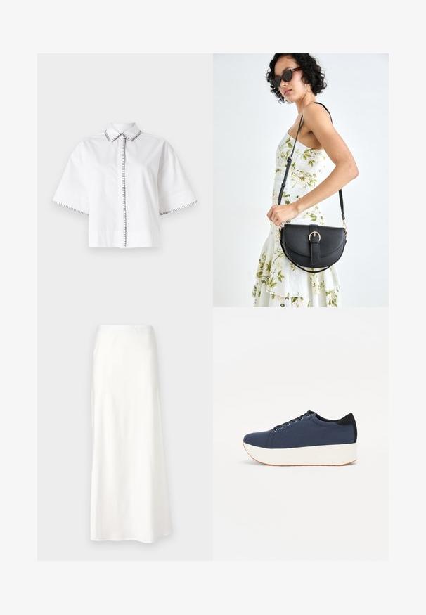 Balta trumpomis rankovėmis marškiniai, pagaminti iš medvilnės, su klasikiniu apykakliniu užsegimu ir juodais siuvinėjimais aplink apykaklę bei rankogalius.; Balta satininė sijonas su lygiu paviršiumi, vidutinio ilgio, A formos, su elastine juosta ir be matomų raštų ar puošmenų.; Tamsiai mėlynas sportinis batelis su tekstūruotu audiniu viršuje, baltu platformos padu, apvaliu pirštu ir juodu kulno akcentu.š. Yra šešios skylės raišteliams.; Juodas odinis krepšys su išlenkta forma, nuimamu dirželiu ir auksiniais detalėmis. Krepšys turi kilpą su sagtimi.