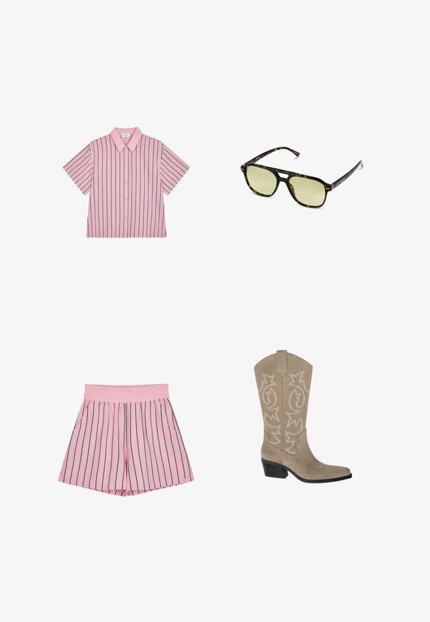 Kortärmad skjorta med krage, rosa med marinblå vertikala ränder, knäppning framtill, slät tyg, avslappnad passform, och subtil märkestagg på baksidan.; Ljusrosa shorts med vertikala marinblå ränder, elastisk midja och sidofickor. Tillverkade av mjukt tyg med en avslappnad passform.; PULL&BEAR Cowboy- / Bikerboots - taupe; Sköldpaddsmönstrade solglasögon med rektangulär form, grönt färgade linser och mönstrade acetatbågar. Innehåller metallaccenter nära linserna.