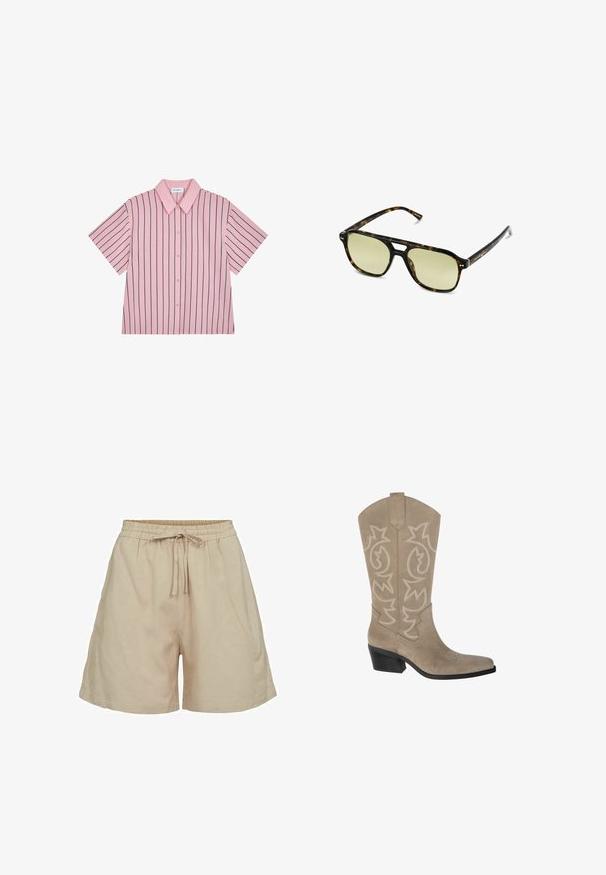 Camicia a maniche corte con colletto, rosa con strisce verticali blu navy, chiusura frontale con bottoni, tessuto liscio, vestibilità rilassata e etichetta del marchio discreta sul retro.; Pantaloni corti beige in tessuto leggero con vita elasticizzata e lacci. Presentano una vestibilità comoda e tasche laterali. Texture liscia.; PULL&BEAR Stivali texani / biker - taupe; Occhiali da sole tartaruga con forma rettangolare, lenti con tonalità verde e montatura in acetato decorata. Presentano dettagli metallici vicino alle lenti.