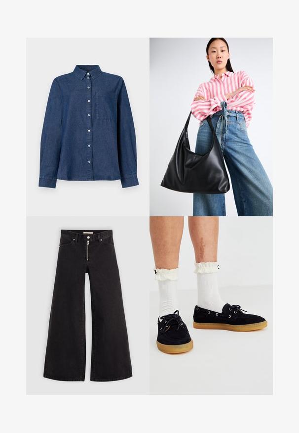 Mørkeblå denim skjorte med lange ermer, som har knappestolpe foran, spiss krage, en enkel brystlomme og knappede mansjetter.; Vide benbukser i sort denim med glidelås i front, fem-lomme design og subtile sømdetaljer. Glatt tekstur og avslappet stil.; Mørkeblå suedebåt sko med gummisåler, med sølvøyler og snørebånd. Kombinert med hvite ribbede sokker og volangdetaljer ved mansjettene.; Svart skinn skulderveske med en avslappet form og sømdetaljer. Modellen har på seg en rosa og hvit stripete skjorte med vide blå jeans.