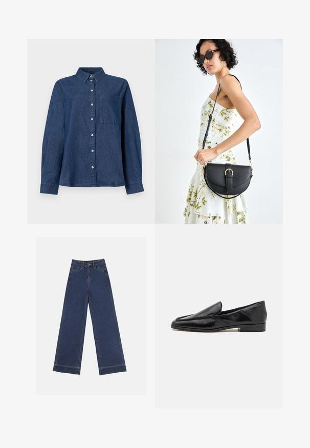 Sötétkék farmer hosszú ujjú ing, gombos elejével, hegyes gallérjával, egyetlen mellzsebével és gombos mandzsettáival.; Sötétkék denim széles lábú farmernadrág. Öt zsebbel, övhurkokkal és nyers szegéllyel az alján, amelyen látható varrási részletek találhatók.; Fekete bőr loaferek sima felülettel, az elülső szélen varrott dizájnnal és alacsony, négyzet alakú sarokkal.; Fekete bőrtáska ívelt formával, levehető pánttal és arany színű fémrészekkel. A táskán egy csattal díszített fedél található.