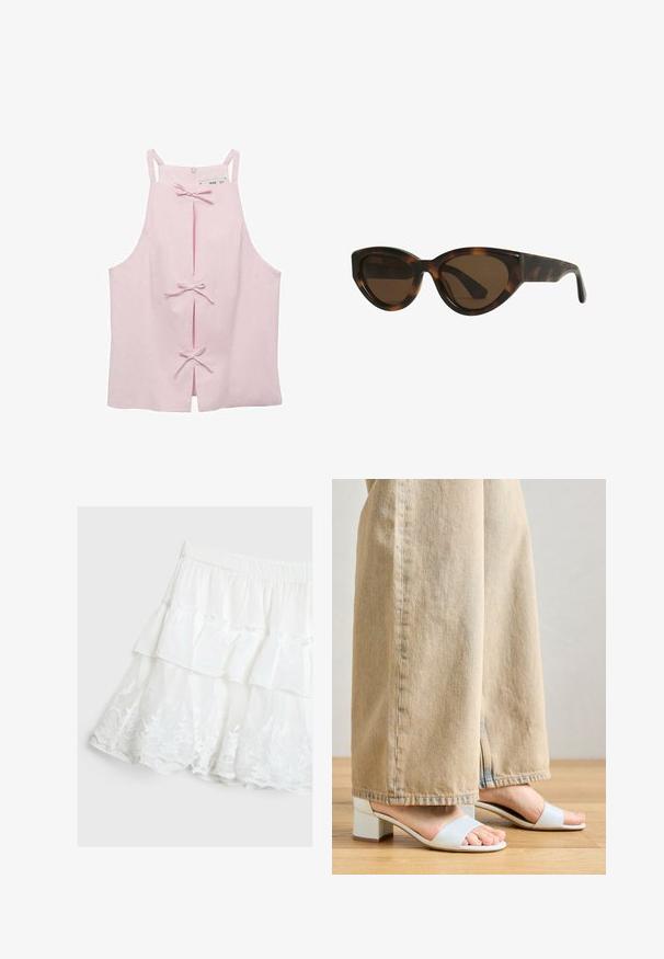 Svetloružový top bez rukávov s rovný strihom, s prednými rozparkami zabezpečenými mašličkami a zipsom na zadnej strane. Hladká textúra tkaniny.; Biely vrstvený sukňa vyrobená z ľahkej látky, ktorá má riasený dizajn a kvetinovú čipkovanú obrubu na leme. Elastický pás.; Svetlomodré sandále na blokovom podpätku s dvoma širokými popruhmi. Nosené s béžovými voľnými nohavicami, pričom sa dizajn topánok zobrazuje na textúre látky.; Mačacie slnečné okuliare v štýle tortoiseshell s hnedými šošovkami, s hladkými, lesklými plastovými rámami a elegantným dizajnom. Žiadne viditeľné logá ani akcenty.