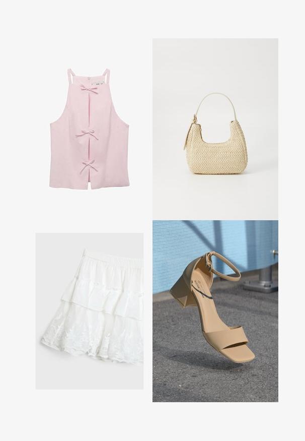 Vaaleanpunainen ilmanhiha toppi suoran leikkauksen kanssa, jossa on etupuolella viillot, jotka on kiinnitetty nauhoilla, ja takana vetoketju. Suora kangas.; Valkoinen kerroksellinen hame, joka on valmistettu kevyestä kankaasta ja jossa on röyhelömuotoilu sekä kukallista pitsiä helman reunassa. Joustava vyötärö.; Beige-sävyinen lohkoilmeen sandaali, jossa on neliön muotoinen varvas, minimaaliset hihnat ja nilkkahakaneula. Sileä, matta materiaali harmaata pinta vasten.; Kudottu olkilaukku vaaleanbeigessä, kaarevassa muodossa, lyhyellä hihnalla ja sivuvetoketjulla. Ominaisuuksiin kuuluu teksturoidumpaa pintaa ja minimalistinen muotoilu.