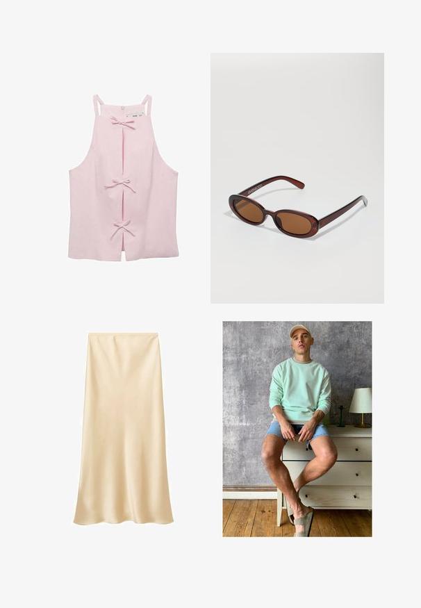 Haut sans manches rose clair avec une coupe droite, doté de fentes avant maintenues par des nœuds et d'une fermeture éclair au dos. Texture de tissu lisse.; Jupe midi en satin de couleur beige clair. Texture lisse, design fluide avec un ourlet légèrement évasé. Pas de fermetures ou d'ornements visibles.; Sweatshirt vert menthe, shorts en denim et chaussures à enfiler vert olive. Assis sur un bureau en bois clair contre un mur texturé gris.; Lunettes de soleil rondes teinte brun avec une monture bordeaux brillante. Branches fines avec un détail de marque subtil. Design de verres plats.