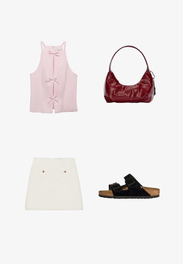 Top senza maniche di un delicato rosa chiaro con una linea dritta, caratterizzato da fessure frontali fissate con fiocchi e una chiusura lampo sul retro. Tessuto dalla texture liscia.; Gonna mini in tweed bianco con finitura testurizzata, dotata di due tasche posteriori e dettagli in bottone dorato. L'orlo è leggermente sfilacciato.; Sandali neri in pelle verniciata con due cinturini regolabili, soletta in sughero e suola in gomma, caratterizzati da una texture liscia e un design minimalista.; Borsa a spalla bordeaux realizzata in materiale lucido, con forma curva e texture arricciata. Presenta un manico corto e una chiusura con zip visibile.