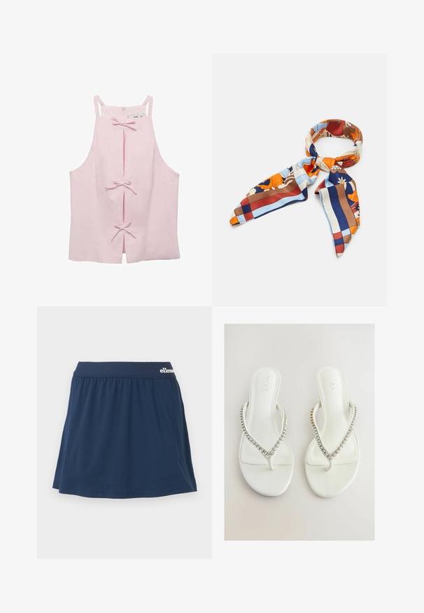 Ljusrosa ärmlös topp med rak skärning, med framspalter som säkras med rosetter och dragkedja i ryggen. Slät tygstruktur.; Marinblå, mjuk skort med elastisk midja. Har en r gathered design och en liten logotyp på midjan.; Vita flip-flops med en slät yta, som har ett V-format band prytt med klara, glittrande rhinestones. Enkelt och stilrent design.; Sidenhalsduk med ett färgglatt blommigt och geometriskt mönster i nyanser av orange, blått, brunt och grädde. Trekantiga ändar med en mjuk textur.