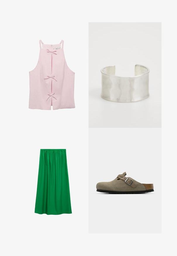 Top fără mâneci, de culoare roz deschis, cu o croială dreaptă, având fante în față asigurate cu fundițe și o închidere cu fermoar la spate. Textură a materialului neted.; Fustă verde, până la gleznă, fabricată dintr-un material neted, cu un waistband elastic și un design adunat, fără modele vizibile sau ornamente.; Saboturi din suede de culoare verde măsliniu deschis, cu o talpă din plută și cauciuc modelată. Au o curea laterală cu o cataramă metalică și un vârf rotund.; Zign Brăţară - silver-coloured