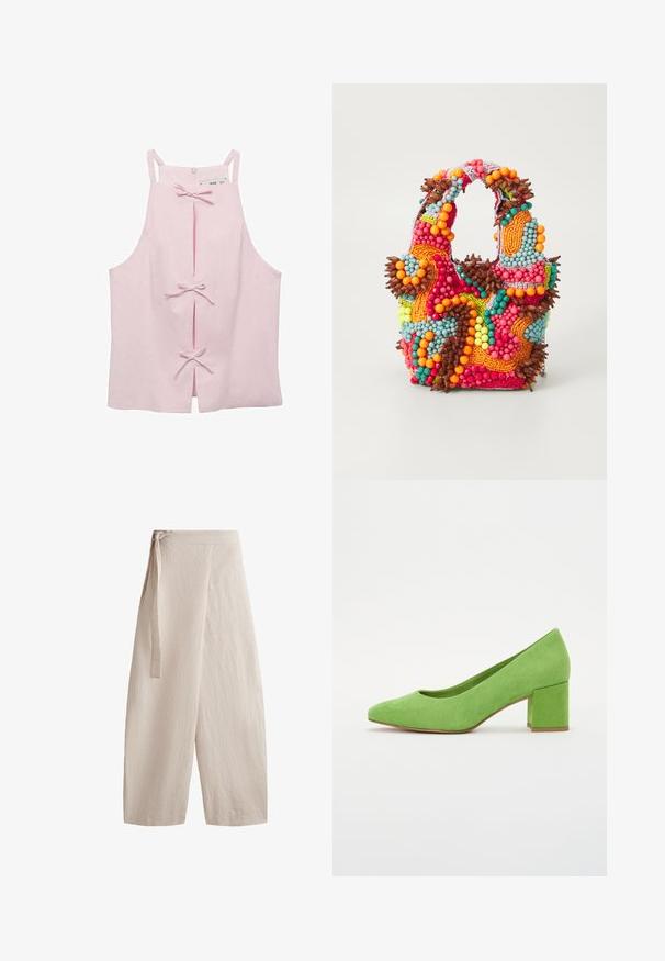 Světle růžový top bez rukávů se rovnými liniemi, s předními rozparky zajištěnými mašlemi a zipovým zapínáním na zádech. Hladká textura látky.; Béžové široké kalhoty vyrobené z texturovaného materiálu, se zavazováním v pase, vysokým pasem a volným střihovým provedením s rovnými nohavicemi.; Zelené semišové lodičky s kulatou špičkou a blokovým podpatkem. Textura je hladká a design zahrnuje nízko střihnutou střelku pro moderní siluetu.; Beaded kabelka s živými barvami: růžovou, oranžovou, modrou a hnědou. Texturovaný povrch s kulatými korálky a organickými tvary, pevné uchy.