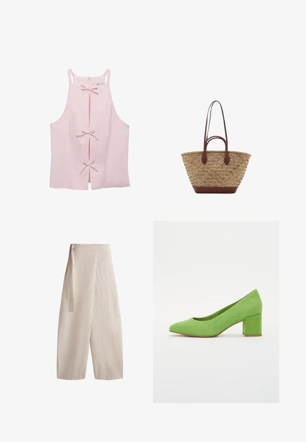 Svetloružový top bez rukávov s rovný strihom, s prednými rozparkami zabezpečenými mašličkami a zipsom na zadnej strane. Hladká textúra tkaniny.; Béžové široké nohavice vyrobené z textúrovanej látky, s viazaním v páse, vysokým pásom a voľným strihom so rovnými nohavicami.; Zelené semišové lodičky s okrúhlou špičkou a blokovým podpätkom. Textúra je hladká a dizajn má nízky výstrih pre moderný siluetu.; Tkána slamenná taška s prepletenou textúrou, tmavohnedé kožené rúčky a dno, široký obľúkový tvar a otvorený dizajn na vrchu.