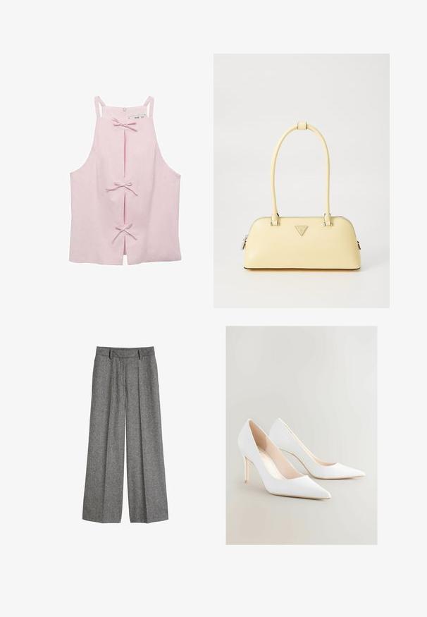 Haut sans manches rose clair avec une coupe droite, doté de fentes avant maintenues par des nœuds et d'une fermeture éclair au dos. Texture de tissu lisse.; Pantalon large en laine gris avec passants de ceinture et plis avant, conçu pour une coupe relaxée et ajustée.; Escarpins blancs à talons hauts, à bout pointu et surface mate lisse. Dotés d'un talon élancé et d'un intérieur nude. Design minimaliste.; Sac à main en cuir verni jaune, de forme arrondie, avec une seule poignée supérieure et une plaque logo en argent. Il dispose d'une fermeture à glissière et d'une texture lisse.
