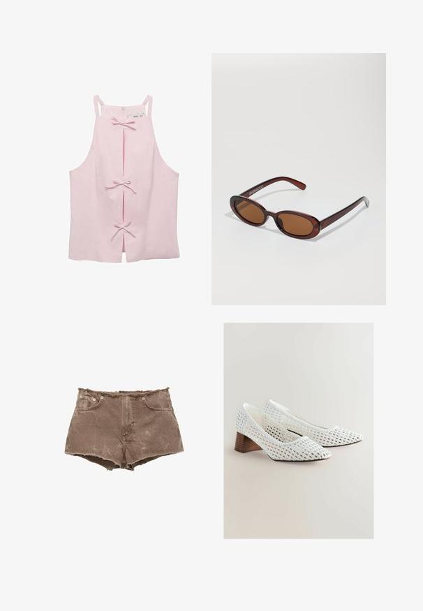Haut sans manches rose clair avec une coupe droite, doté de fentes avant maintenues par des nœuds et d'une fermeture éclair au dos. Texture de tissu lisse.; Shorts en denim marron avec ourlet effiloché, design à cinq poches et accents en métal. Le matériau semble légèrement délavé avec une surface texturée.; Ballerines tissées blanches avec un bout pointu et un petit talon en bois. La texture est en tissage ouvert, mettant en valeur des motifs complexes.; Lunettes de soleil rondes teinte brun avec une monture bordeaux brillante. Branches fines avec un détail de marque subtil. Design de verres plats.; Sac à main en cuir marron foncé avec une finition lisse, présentant une forme structurée, du matériel en ton doré et des poignées doubles avec un accent en chaîne.