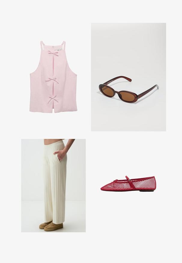Haut sans manches rose clair avec une coupe droite, doté de fentes avant maintenues par des nœuds et d'une fermeture éclair au dos. Texture de tissu lisse.; Pantalons larges couleur crème avec texture à côtes verticales, dotés de poches latérales et d'une taille élastique. Associés à des baskets beige.; Ballerines en maille rouge avec un bout pointu, dotées d'une fine bride et d'un détail à boucle. La tige présente un motif ouvert en nid d'abeille.; Lunettes de soleil rondes teinte brun avec une monture bordeaux brillante. Branches fines avec un détail de marque subtil. Design de verres plats.; Pochette rose matelassée avec une texture moelleuse, présentant des bords froncés et une forme rectangulaire, parfaite pour un rangement compact.