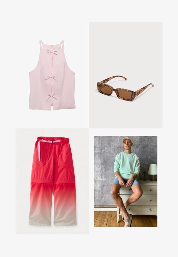 Svetlo roza brezrokavnik s pravim krojem, s sprednjimi izrezi, ki so zavezani z mašnjami, ter z zadrgo na hrbtu. Gladka tkanina.; Hlače z rdečim gradientom, z elastičnim pasom in roza nastavljivim pasom. Imajo dve stranski žepi in gladko, vodoodporno teksturo.; Menta zelena majica, jeans kratke hlače in olivno zelene natikače. Sedi na svetlem predalu ob teksturirani sivi steni.; Želve sunčane naočale s pravokutnim smešnim lećama, debelim okvirom i tankim ručkama s uzorkom različitih nijansi smeđe boje.; Prozoren plastični toprak z dvema prozornima ročajema, ki ima na sprednji strani devet okroglih kovinskih akcentov razporejenih v vzorcu mreže.