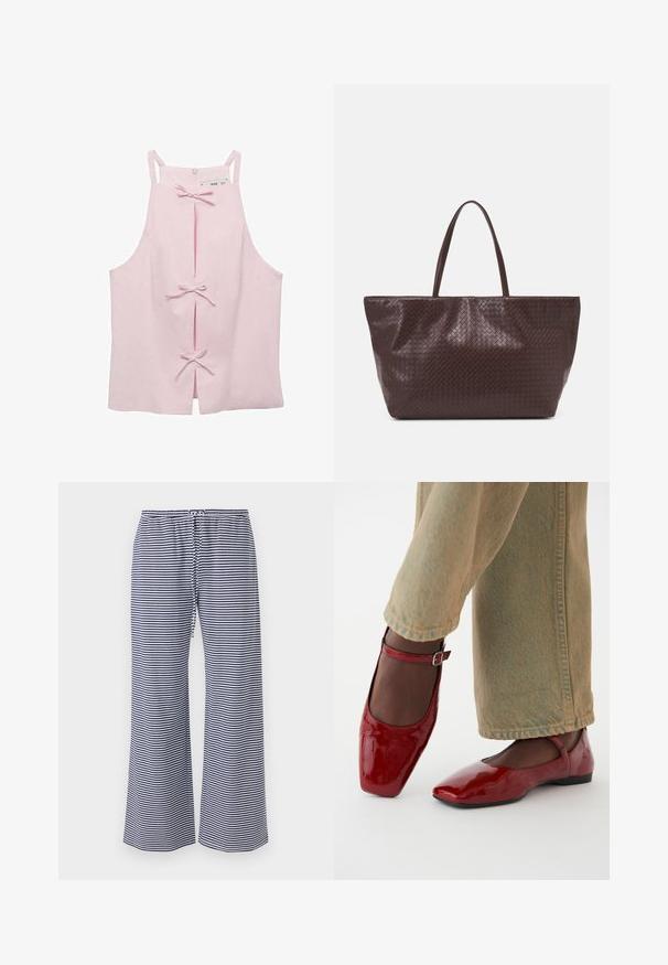 Svetloružový top bez rukávov s rovný strihom, s prednými rozparkami zabezpečenými mašličkami a zipsom na zadnej strane. Hladká textúra tkaniny.; Hollister Co. MAY BAGGY PULL ON - Tepláky - dark blue/white; Červené lakované kožené topánky so štvorcovou špičkou, nízkym podpätkom a remienkom okolo členku, v kombinácii so svetlozelenými širokými džínsmi. Hladká textúra, reflexný povrch.; Hnedá tkaná kožená taška cez rameno s dvoma uchami, štruktúrovaným tvarom a textúrovaným povrchom, s diamantom vzorom po celom povrchu.