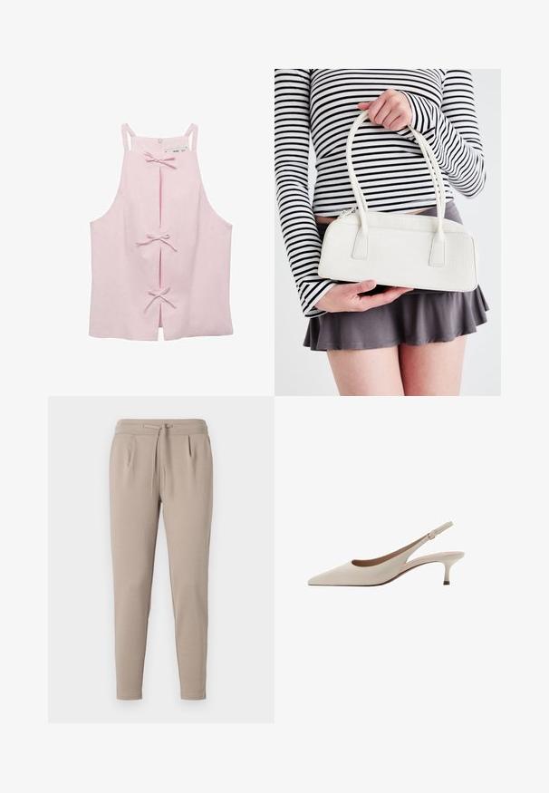 Lyserød ærmeløs top med en lige skæring, der har frontslids, der er sikret med båndsløjfer, samt en lynlåslukning bagpå. Glat stofstruktur.; Beige joggerbukser lavet af blødt stof, med en elastisk talje med snøre og sidelommer. Taperet ben-design.; Beige slingback-hæle med spids tå og en lav, flared hæl. Fremstillet af glat læder med et minimalistisk design og justerbar rem.; Hvid krokodillepræget håndtaske med to håndtag, rektangulær form og lynlås lukning. Vist mod en lys baggrund.